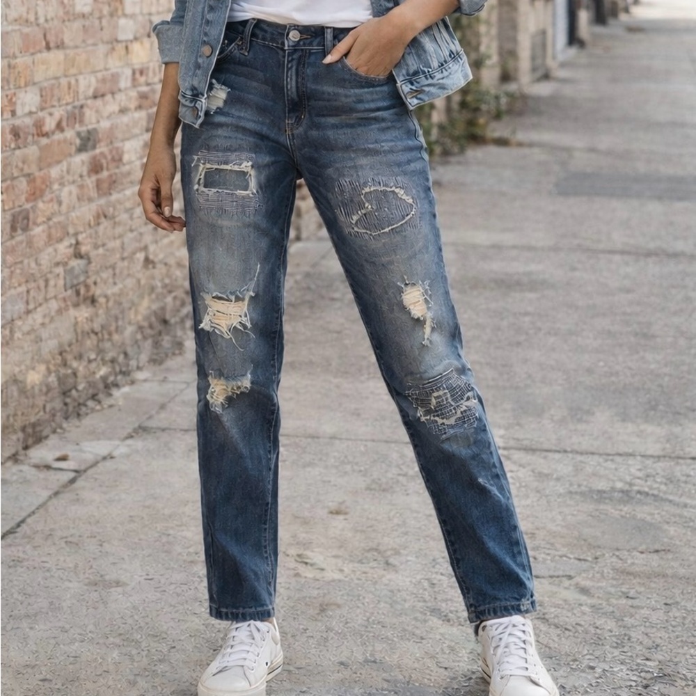 KanCan Distressed Patch Skinny Jeans Medium Wash Stretch Denim
